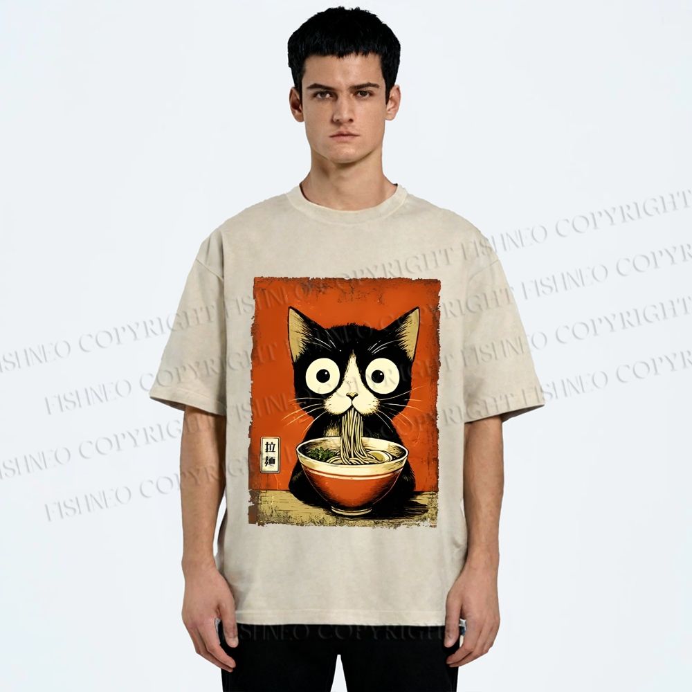 Unisex Ramen Loving Black Cat Printed Washed Tee