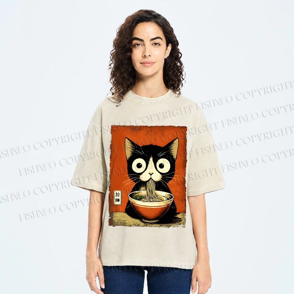 Unisex Ramen Loving Black Cat Printed Washed Tee
