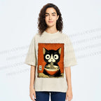 Unisex Ramen Loving Black Cat Printed Washed Tee