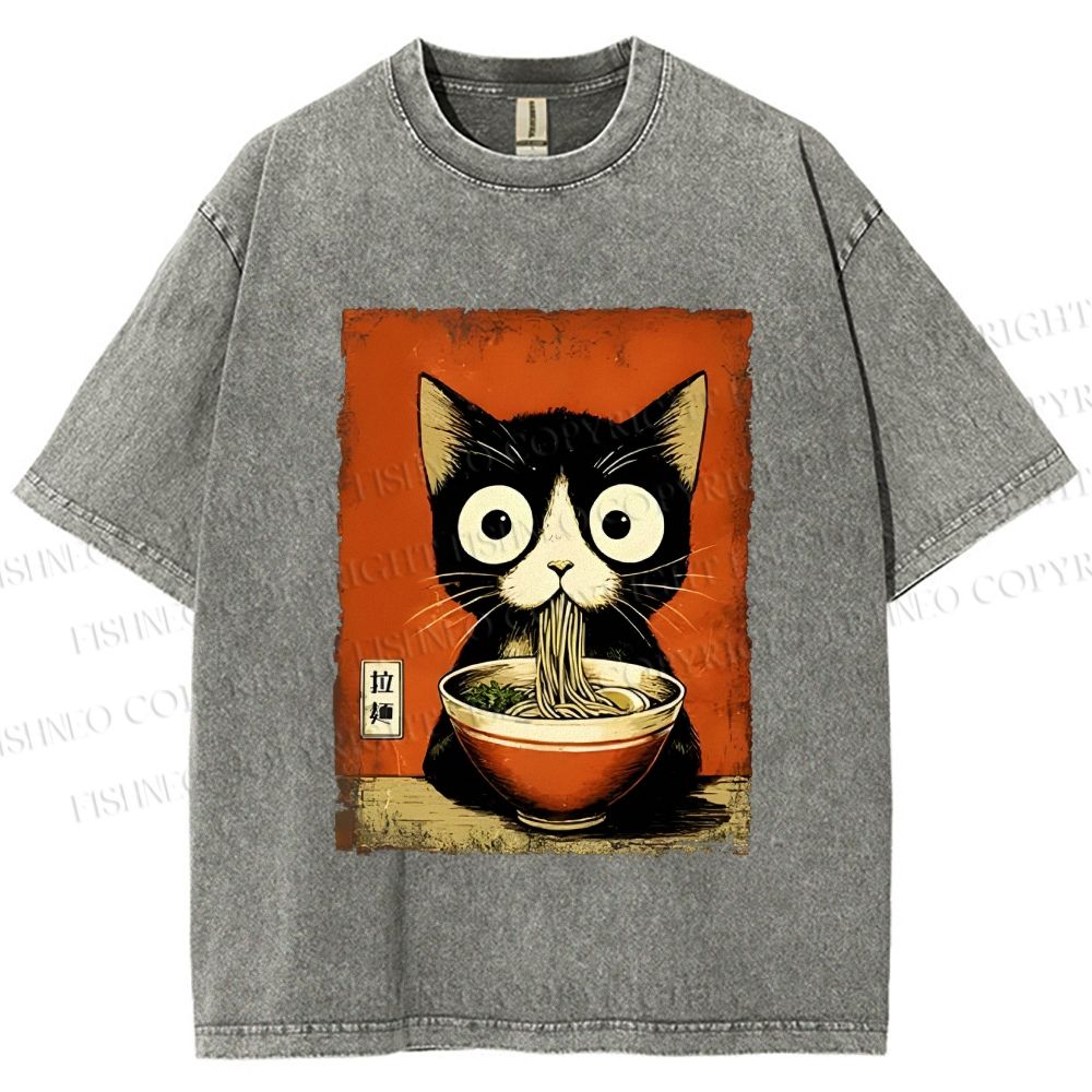 Unisex Ramen Loving Black Cat Printed Washed Tee