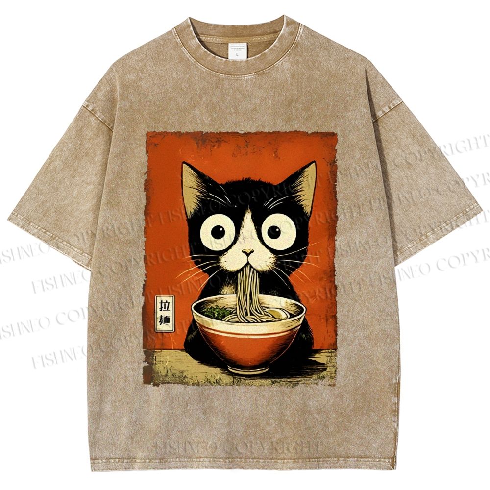 Unisex Ramen Loving Black Cat Printed Washed Tee