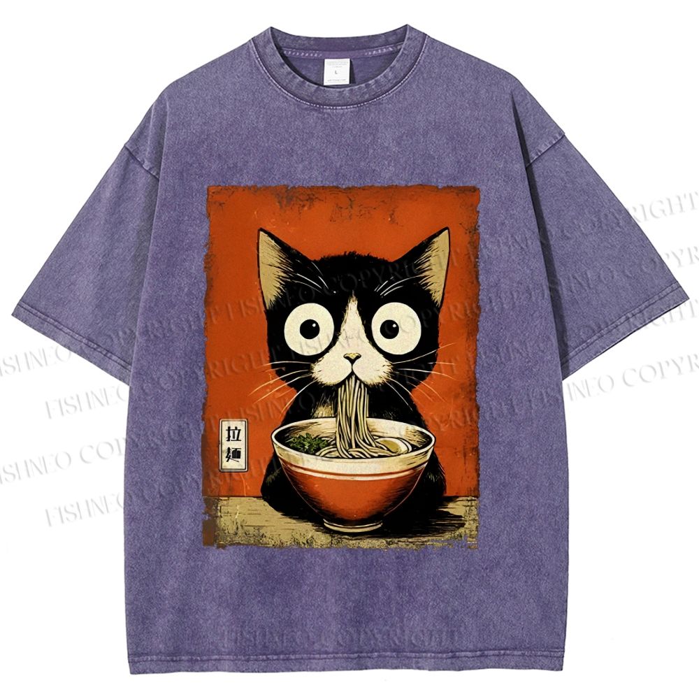 Unisex Ramen Loving Black Cat Printed Washed Tee