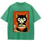 Unisex Ramen Loving Black Cat Printed Washed Tee