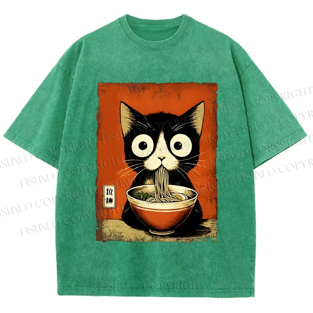 Unisex Ramen Loving Black Cat Printed Washed Tee