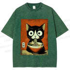 Unisex Ramen Loving Black Cat Printed Washed Tee