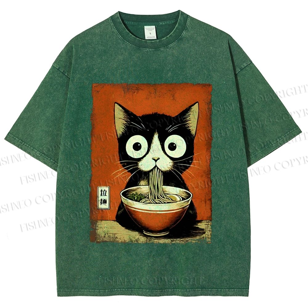 Unisex Ramen Loving Black Cat Printed Washed Tee