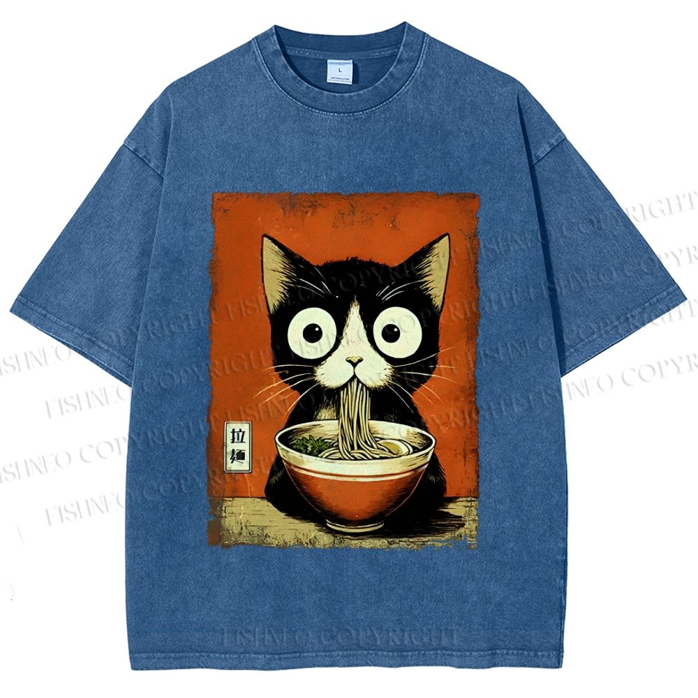 Unisex Ramen Loving Black Cat Printed Washed Tee