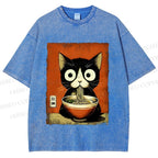 Unisex Ramen Loving Black Cat Printed Washed Tee