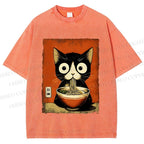 Unisex Ramen Loving Black Cat Printed Washed Tee