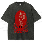 Unisex Japanese Retro Octopus Printed Washed Tee