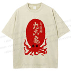 Unisex Japanese Retro Octopus Printed Washed Tee