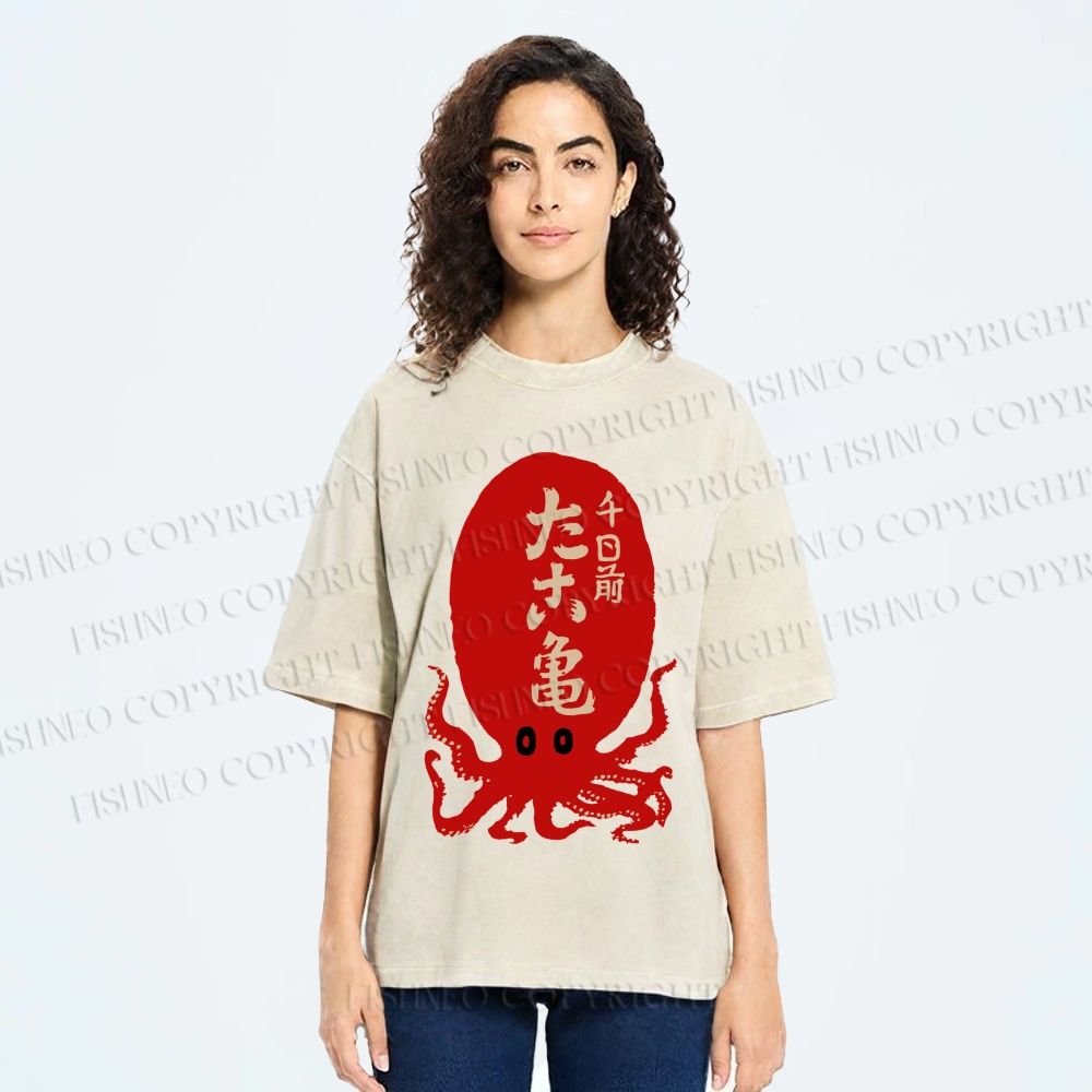 Unisex Japanese Retro Octopus Printed Washed Tee