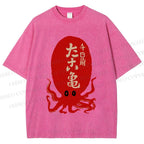 Unisex Japanese Retro Octopus Printed Washed Tee