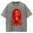 Unisex Japanese Retro Octopus Printed Washed Tee