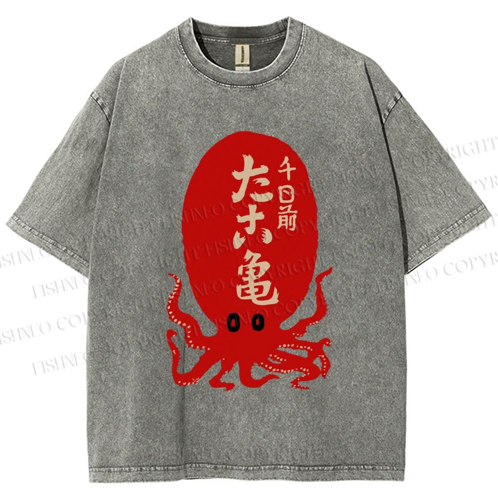 Unisex Japanese Retro Octopus Printed Washed Tee
