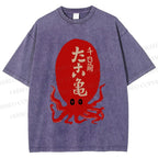 Unisex Japanese Retro Octopus Printed Washed Tee