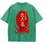 Unisex Japanese Retro Octopus Printed Washed Tee
