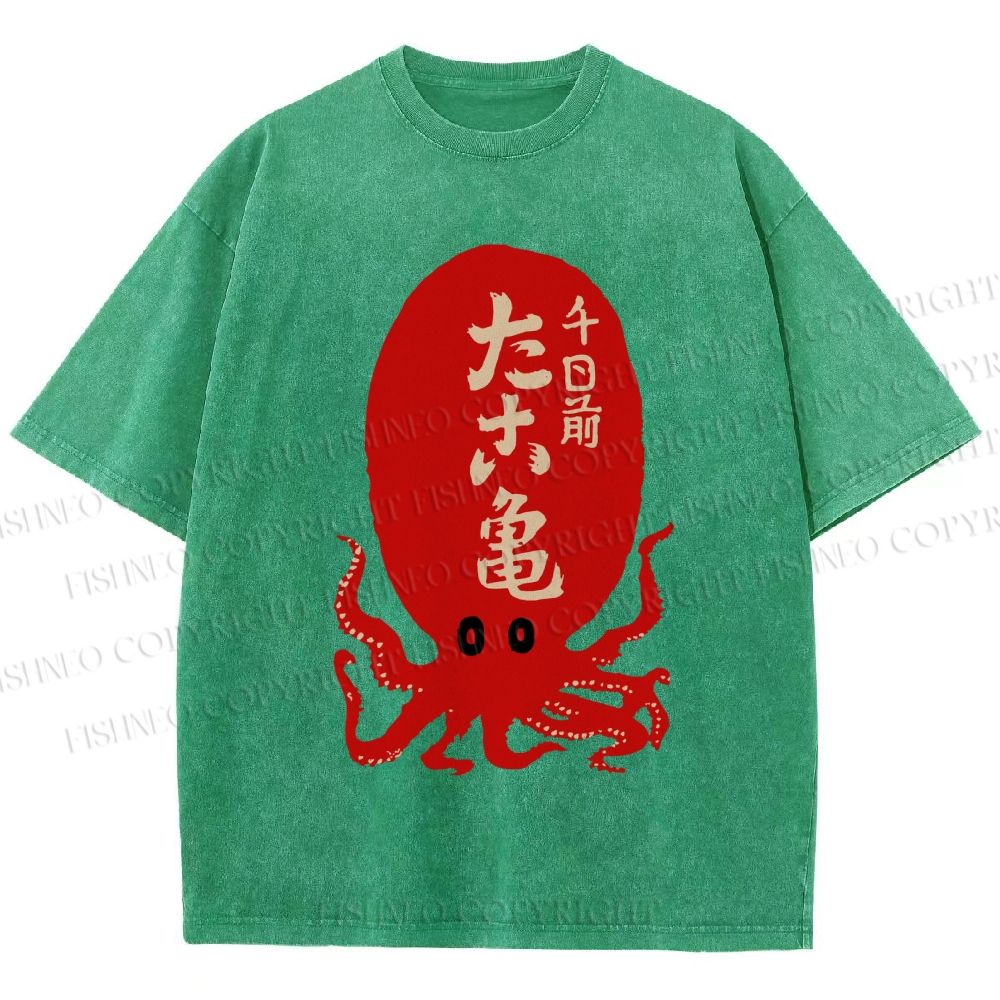 Unisex Japanese Retro Octopus Printed Washed Tee