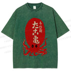 Unisex Japanese Retro Octopus Printed Washed Tee