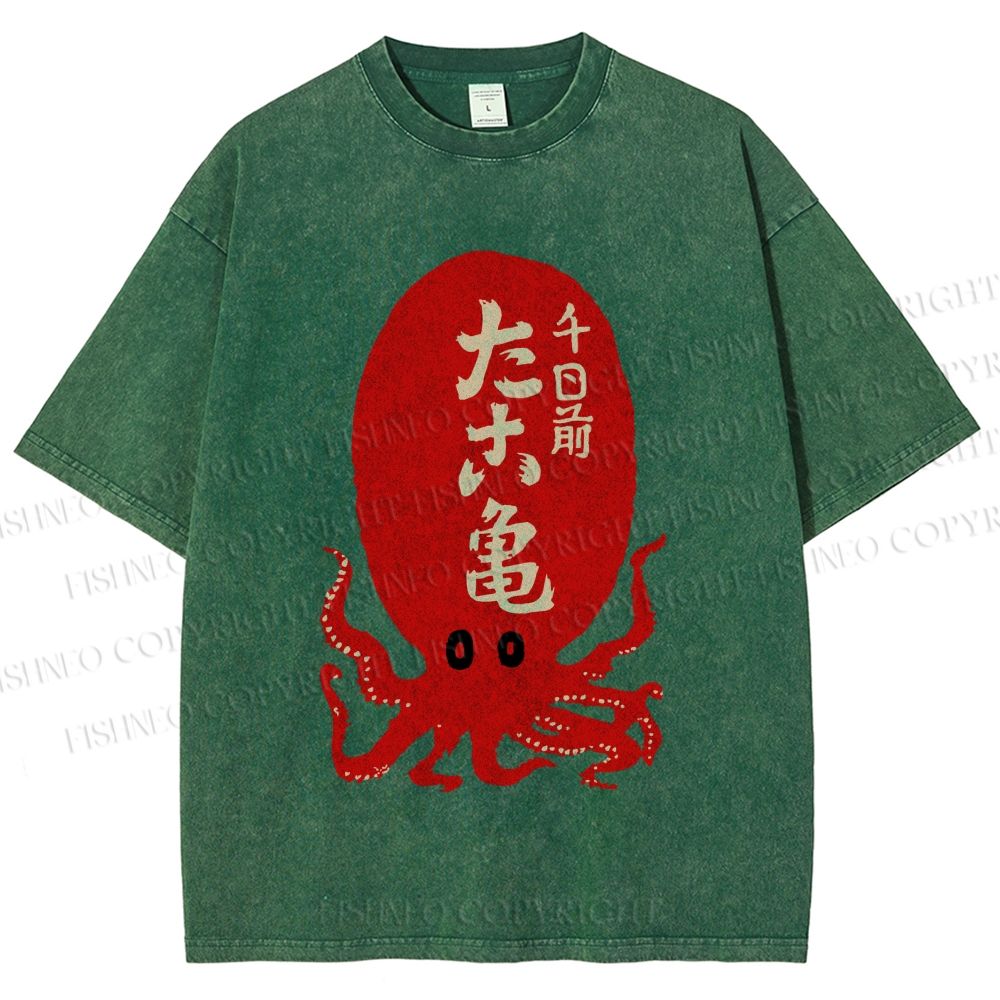 Unisex Japanese Retro Octopus Printed Washed Tee