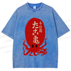 Unisex Japanese Retro Octopus Printed Washed Tee