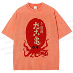 Unisex Japanese Retro Octopus Printed Washed Tee