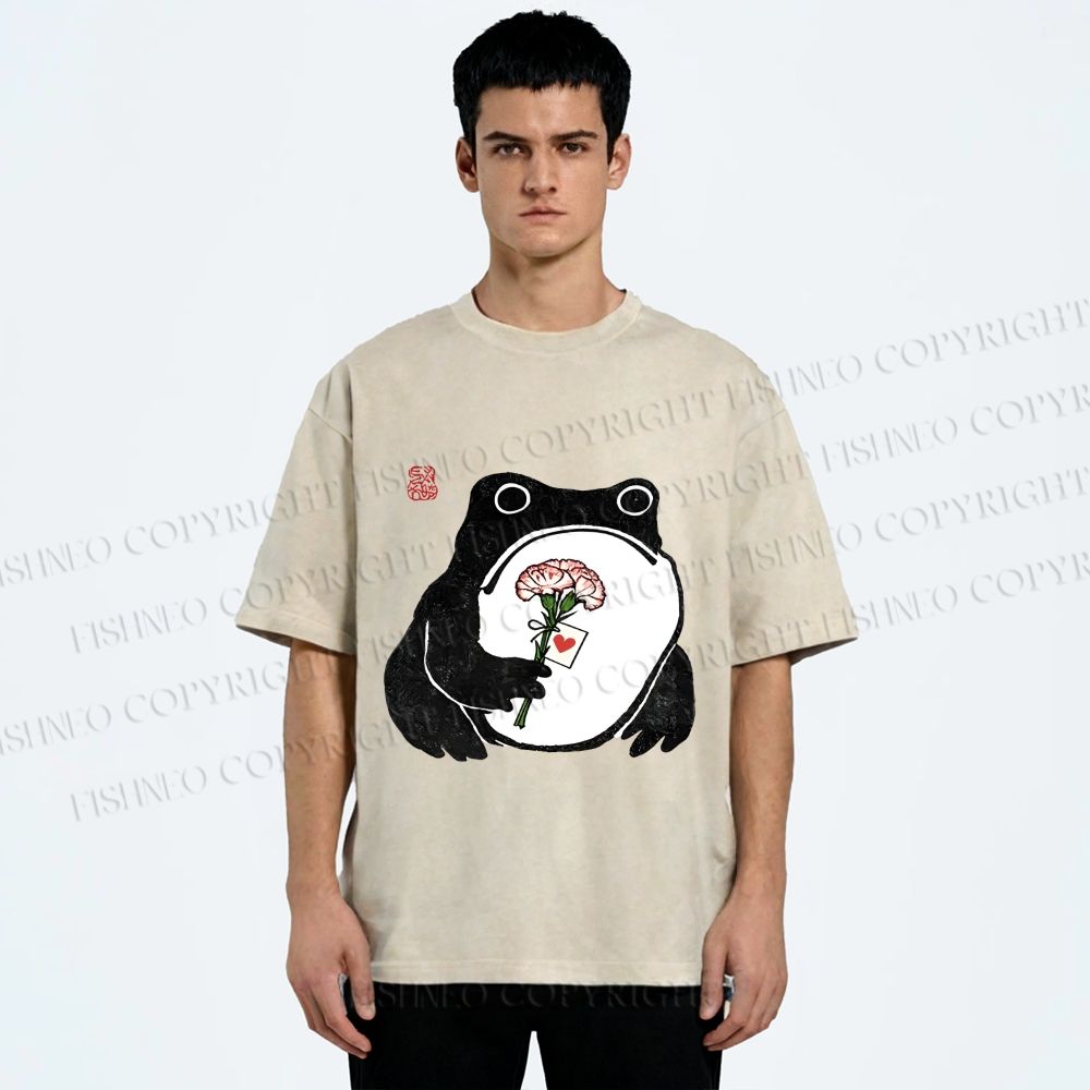 Unisex The Frog Holding A Carnation Printed Washed Tee