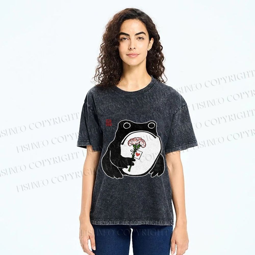 Unisex The Frog Holding A Carnation Printed Washed Tee
