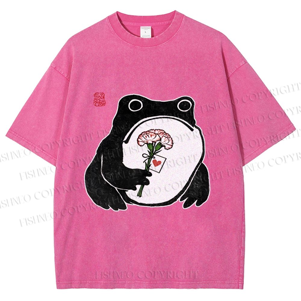 Unisex The Frog Holding A Carnation Printed Washed Tee