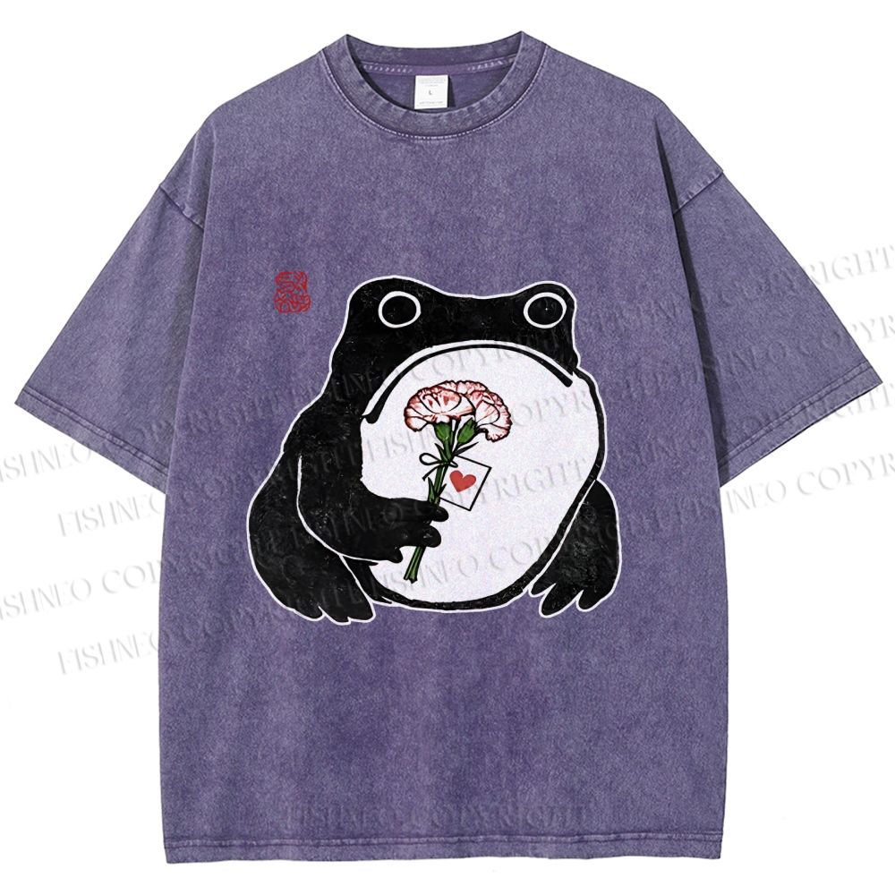 Unisex The Frog Holding A Carnation Printed Washed Tee