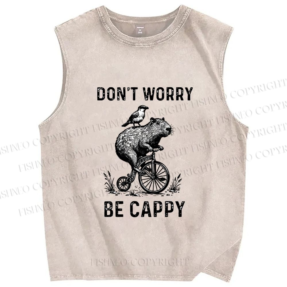Unisex Happy Capybara On Wheels Printed Washed Tank Top