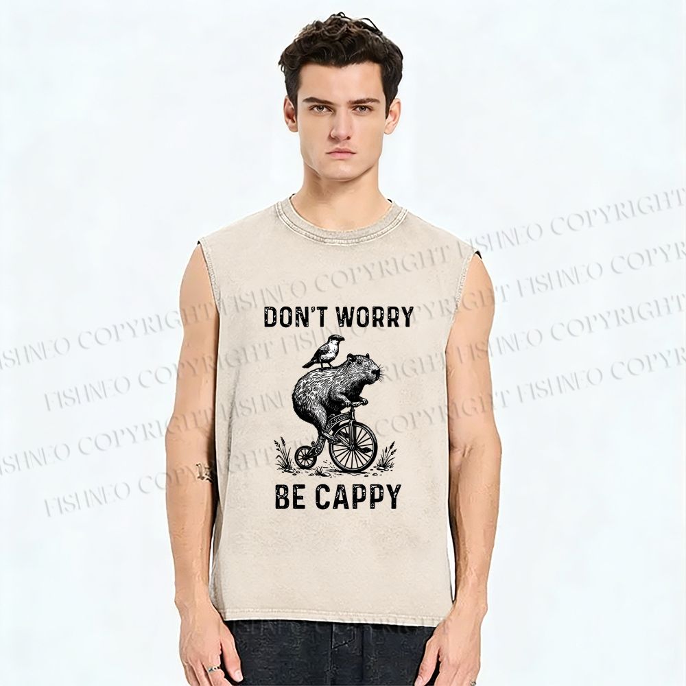 Unisex Happy Capybara On Wheels Printed Washed Tank Top