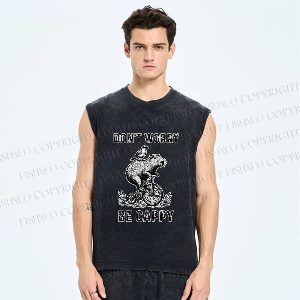 Unisex Happy Capybara On Wheels Printed Washed Tank Top