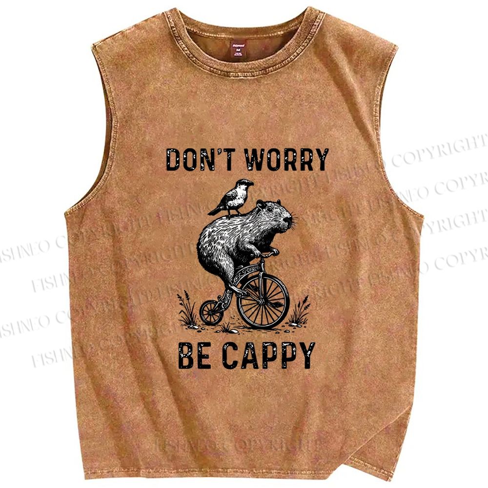 Unisex Happy Capybara On Wheels Printed Washed Tank Top