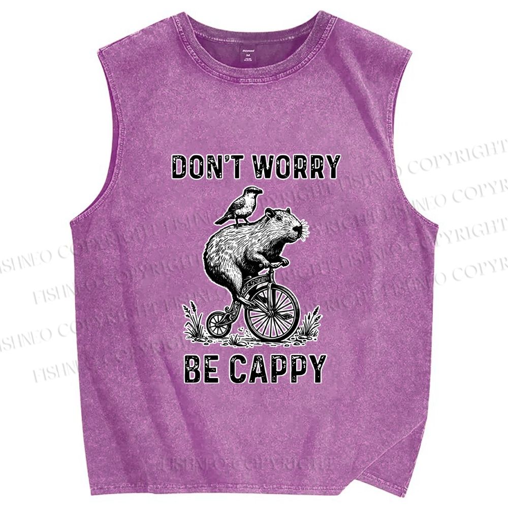 Unisex Happy Capybara On Wheels Printed Washed Tank Top