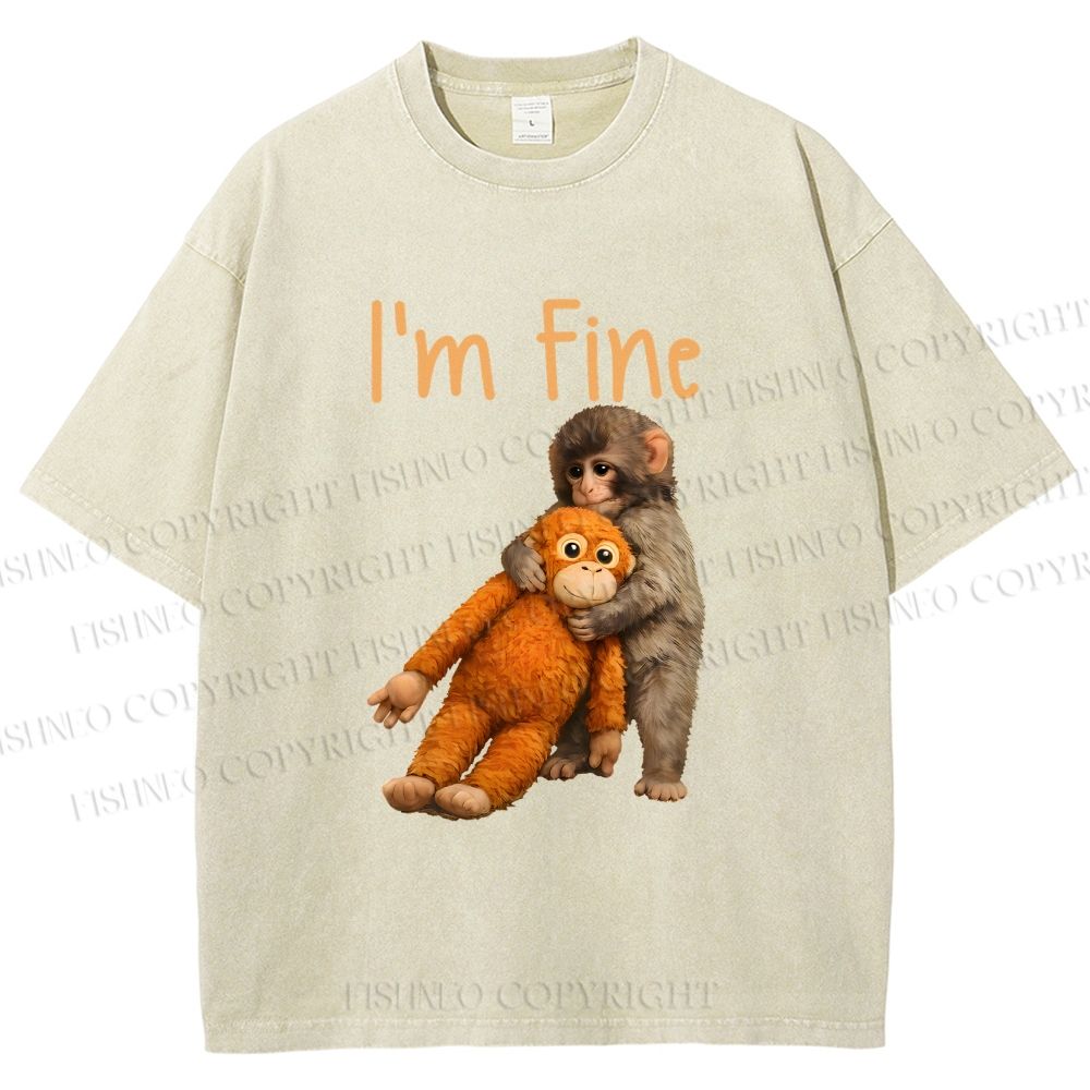 Unisex I'm Fine Baby Monkey Punch Printed Washed Tee