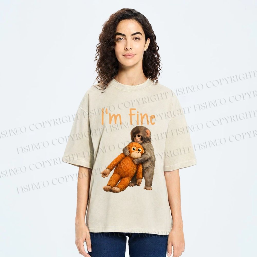 Unisex I'm Fine Baby Monkey Punch Printed Washed Tee