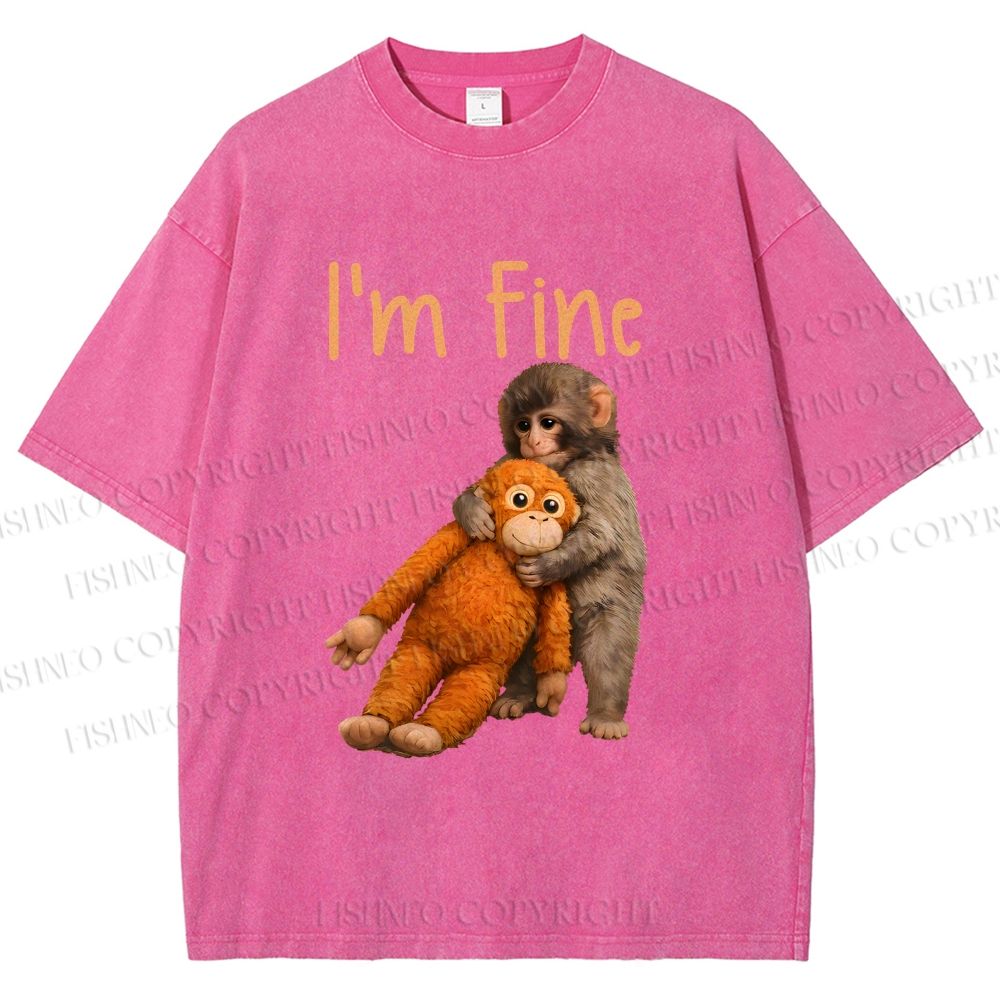 Unisex I'm Fine Baby Monkey Punch Printed Washed Tee