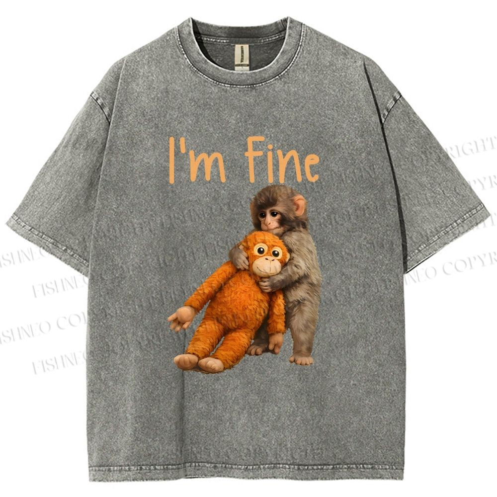 Unisex I'm Fine Baby Monkey Punch Printed Washed Tee