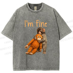 Unisex I'm Fine Baby Monkey Punch Printed Washed Tee