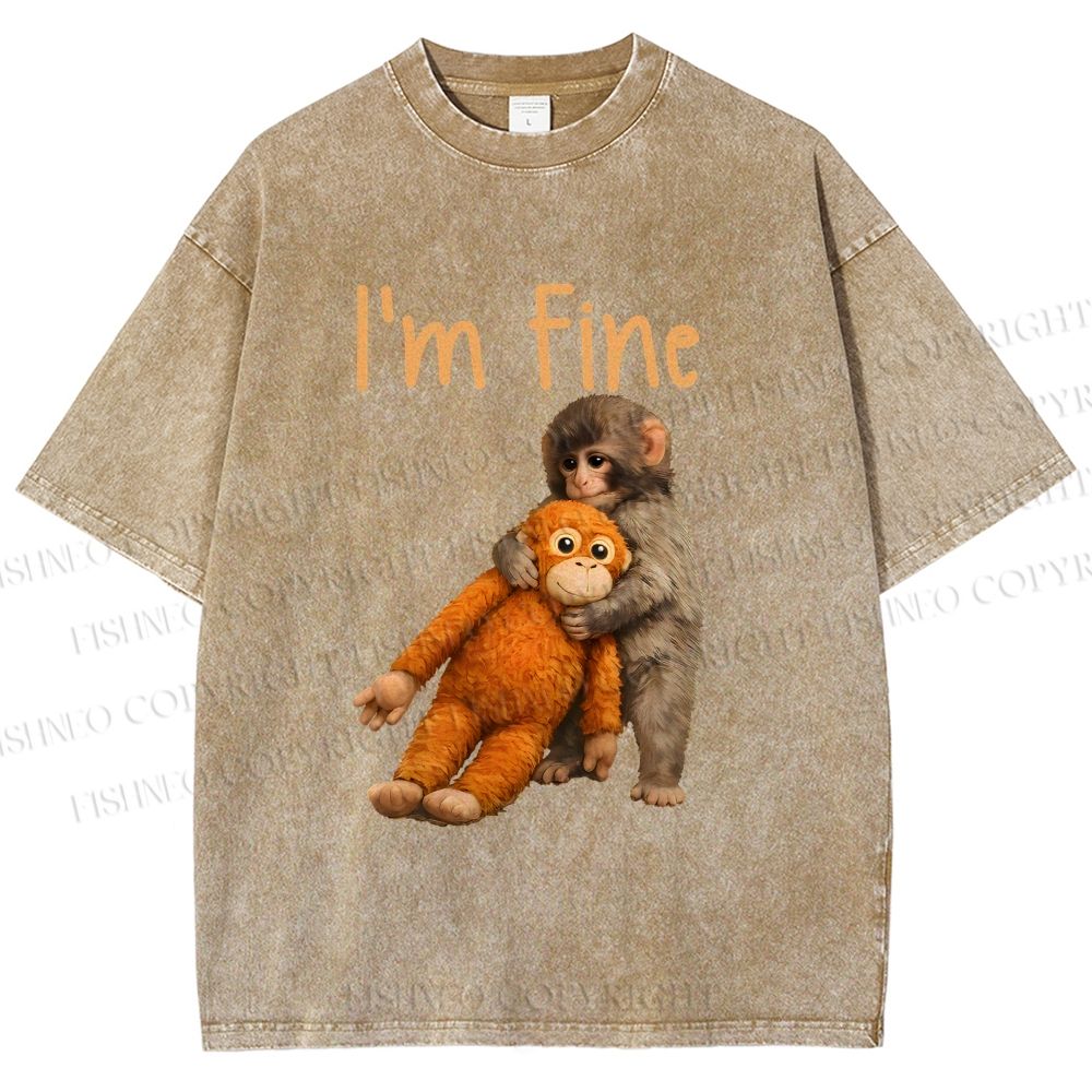 Unisex I'm Fine Baby Monkey Punch Printed Washed Tee
