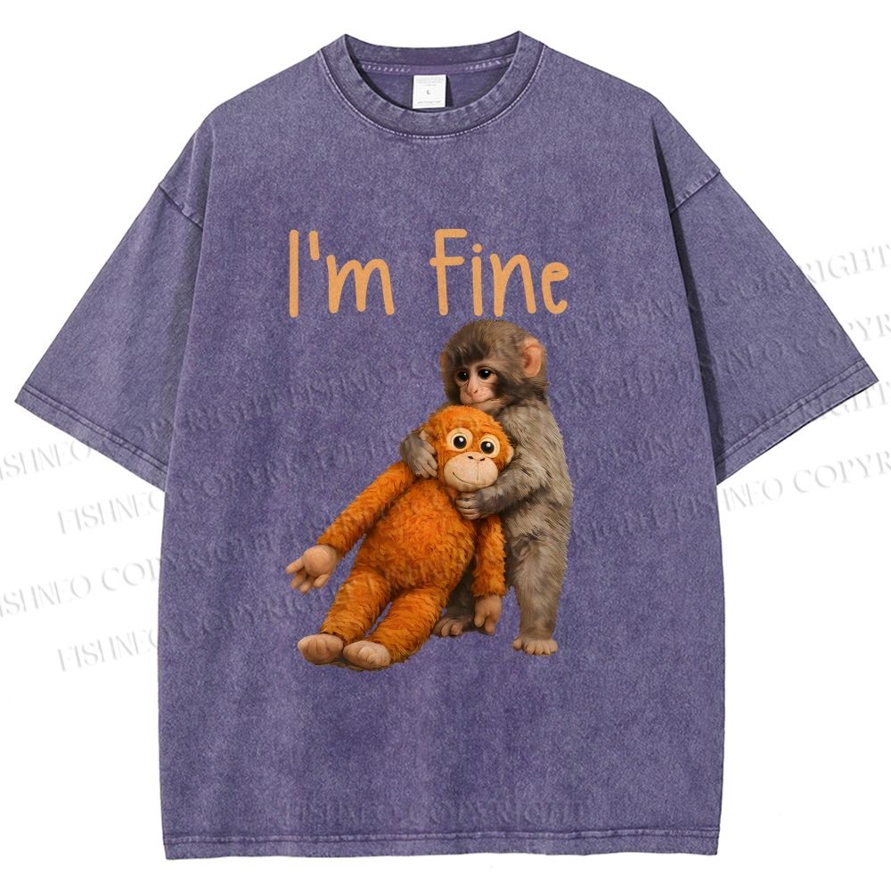 Unisex I'm Fine Baby Monkey Punch Printed Washed Tee