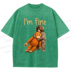 Unisex I'm Fine Baby Monkey Punch Printed Washed Tee