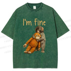 Unisex I'm Fine Baby Monkey Punch Printed Washed Tee