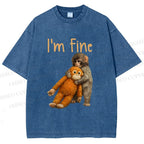 Unisex I'm Fine Baby Monkey Punch Printed Washed Tee