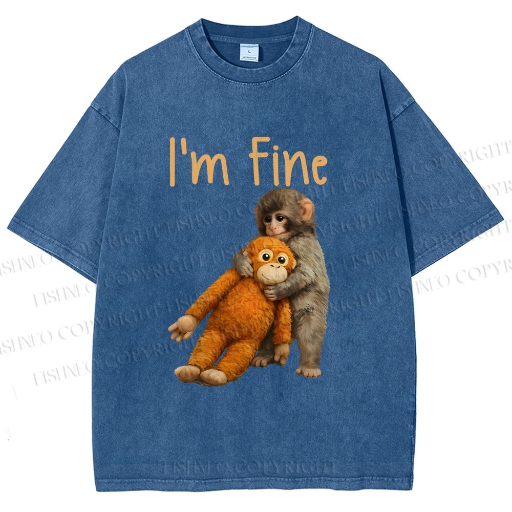 Unisex I'm Fine Baby Monkey Punch Printed Washed Tee