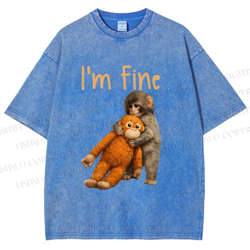 Unisex I'm Fine Baby Monkey Punch Printed Washed Tee