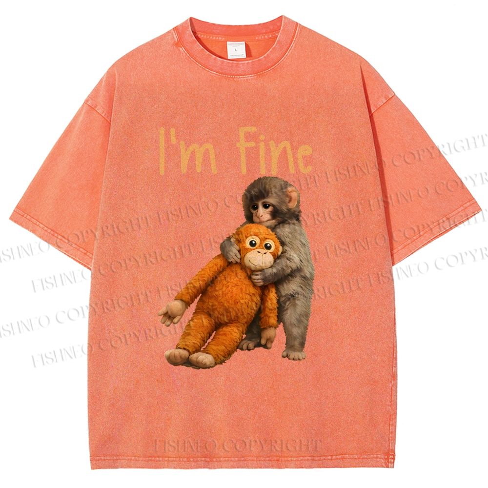 Unisex I'm Fine Baby Monkey Punch Printed Washed Tee