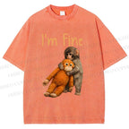 Unisex I'm Fine Baby Monkey Punch Printed Washed Tee