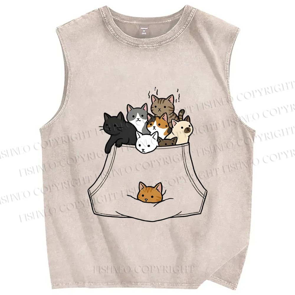 Unisex Cats With Pockets Full Printed Washed Tank Top